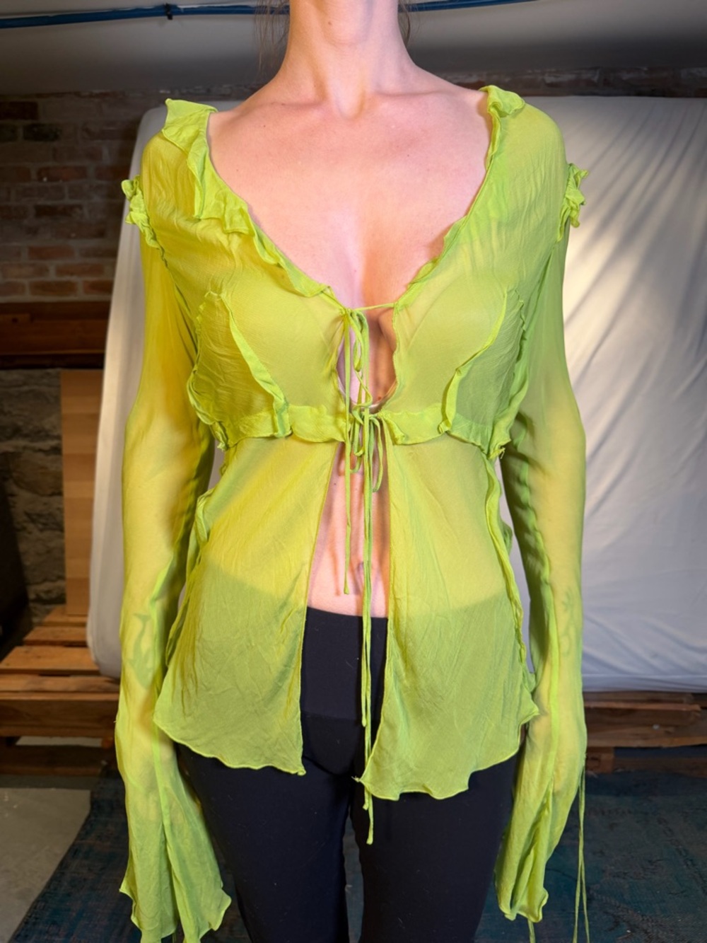 Rat & Boa Neon Lime Sheer Tie-Front Ruffle Top
